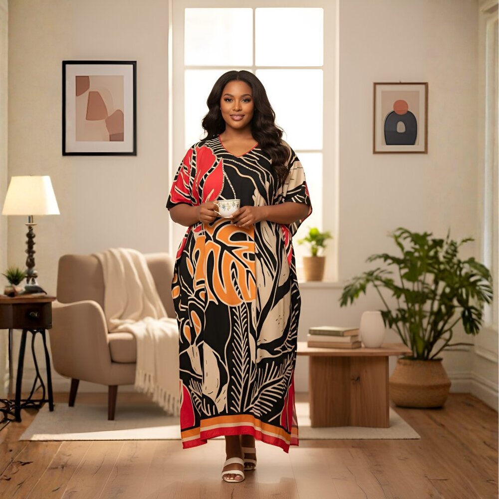 Gypsie Blu Leaf Printed Caftan Dresses for Women Polyester Plus Size Maxi Dress